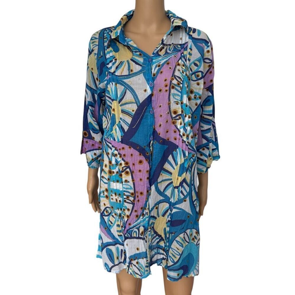 COLORI DI MARE 100% cotton Shirt Beaded Kaftan beach cover up L/XL